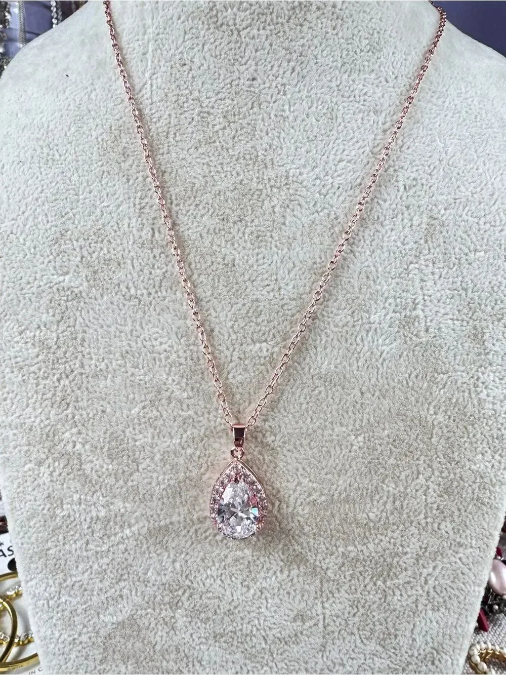 Rose Gold Teardrop Cubic Zirconia Pendant Necklace with Clear Cubic Zirconia